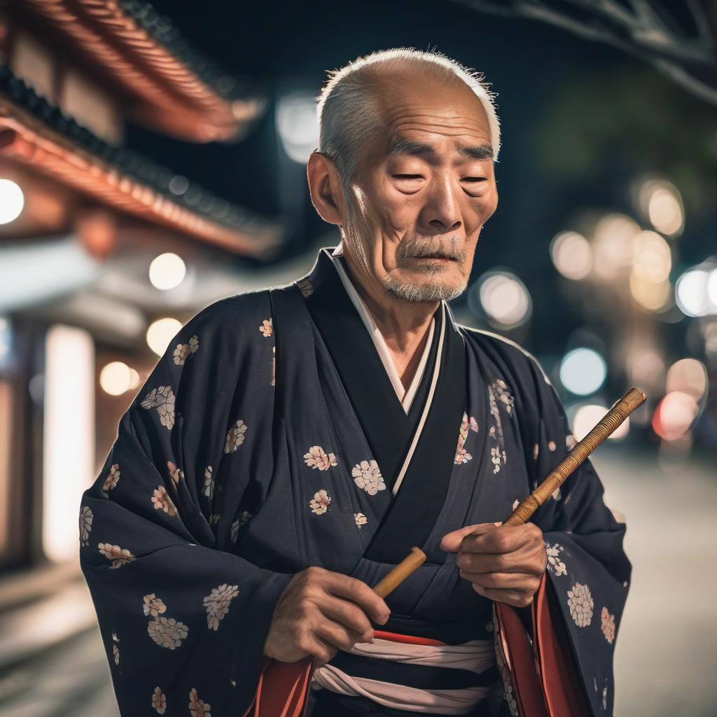 an elderly man in kimono with a blind stick by मुफ्त एआई छवि जनरेटर - बिना लॉगिन के✨ | AIGAZOU