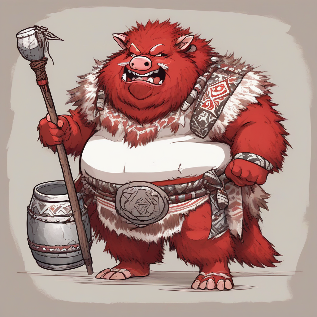 a red and white inuit style loincloth wearing plump red furred boar orc uncle winking with a tin staff in by मुफ्त एआई छवि जनरेटर - बिना लॉगिन के✨ | AIGAZOU