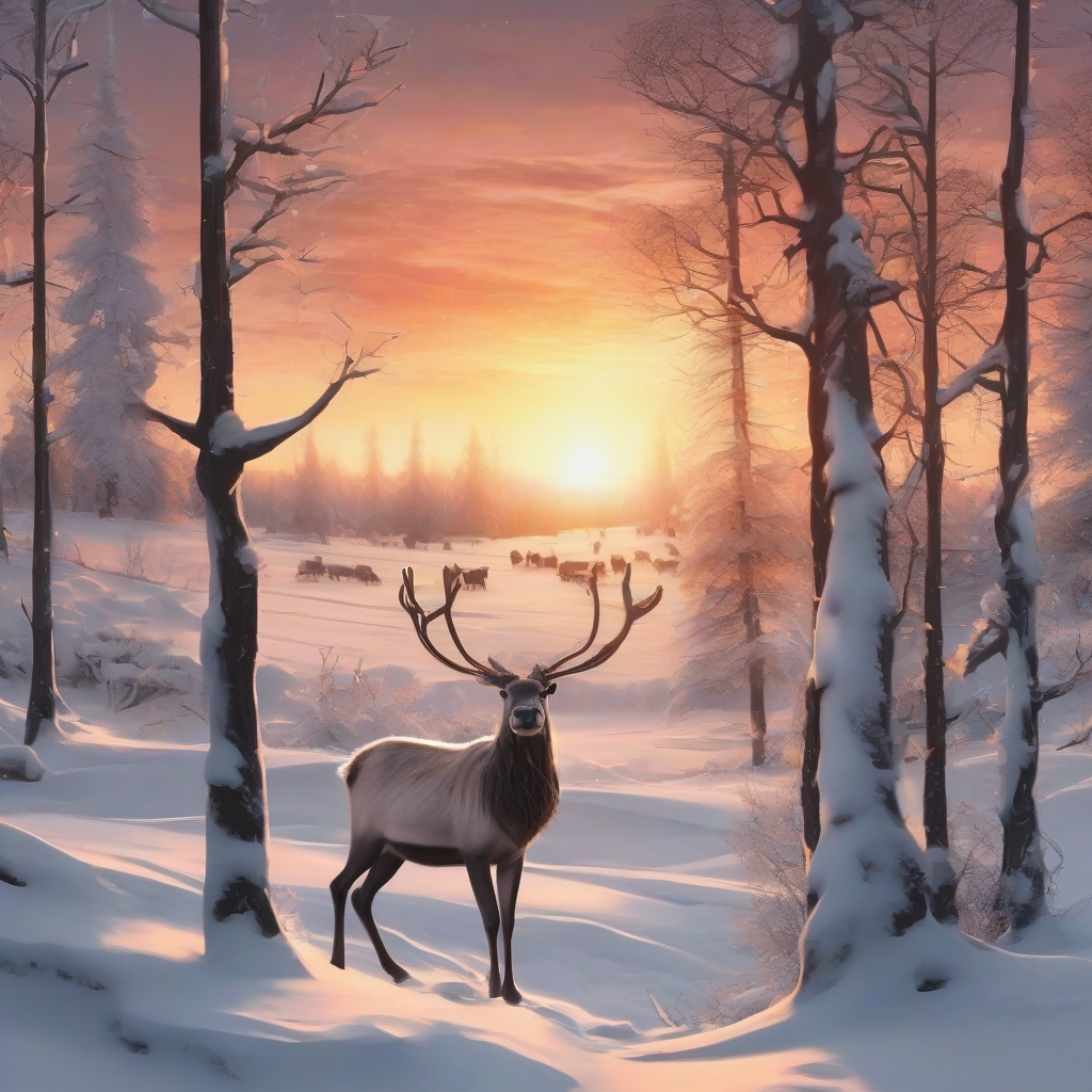 a snowy landscape with a sunset and a reindeer by मुफ्त एआई छवि जनरेटर - बिना लॉगिन के✨ | AIGAZOU