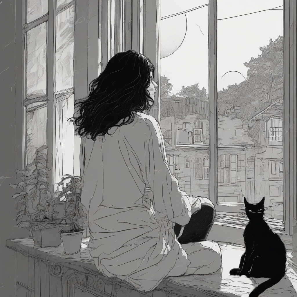 full moon night window cat long black hair woman by मुफ्त एआई छवि जनरेटर - बिना लॉगिन के✨ | AIGAZOU