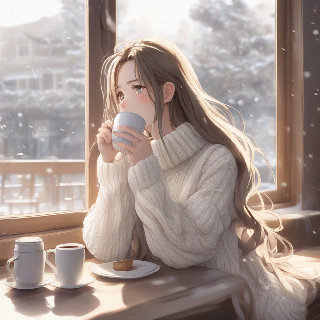 a girl with long hair wearing white knit drinking coffee by मुफ्त एआई छवि जनरेटर - बिना लॉगिन के✨ | AIGAZOU