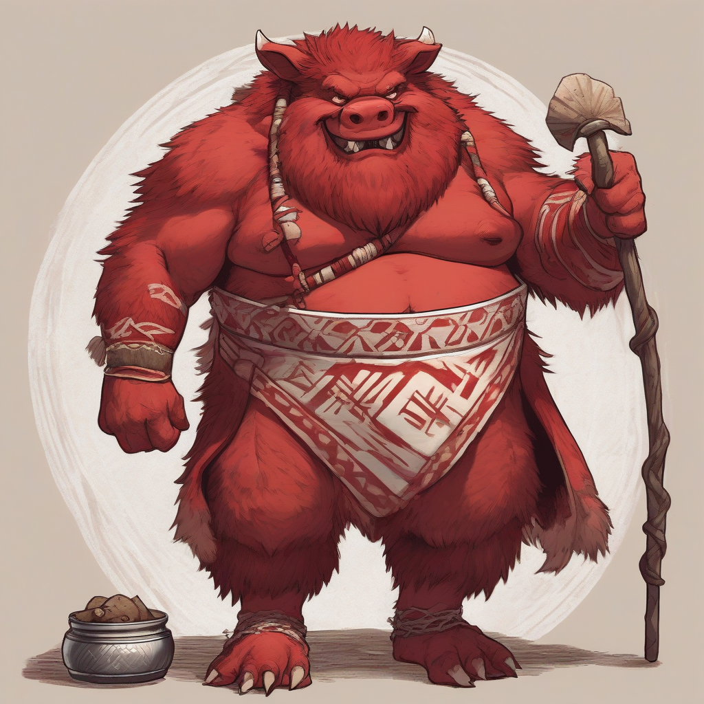 a jolly red furred boar orc with inuit style loincloth and staff by मुफ्त एआई छवि जनरेटर - बिना लॉगिन के✨ | AIGAZOU