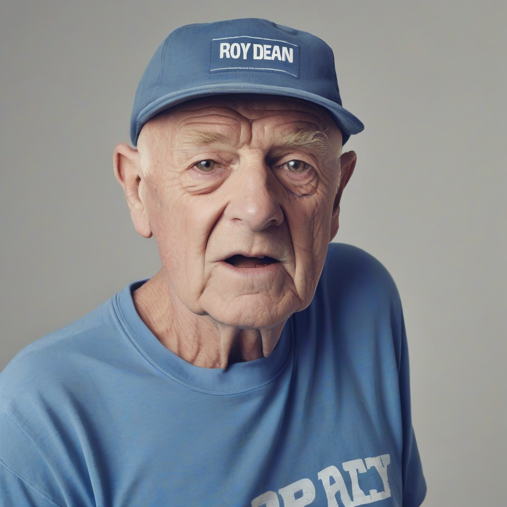 old bald man with blue shirt printed with roy dean by मुफ्त एआई छवि जनरेटर - बिना लॉगिन के✨ | AIGAZOU