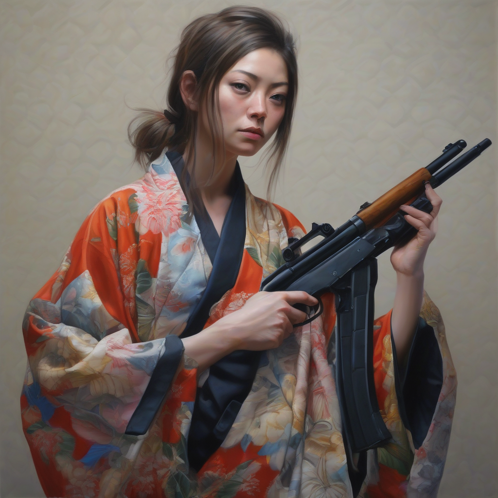 realistic painting hunter kimono gun by मुफ्त एआई छवि जनरेटर - बिना लॉगिन के✨ | AIGAZOU