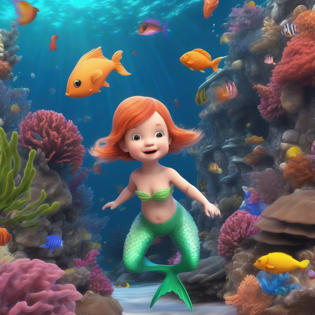 3d colorful cute mermaid baby chasing cute tropical fish in colorful coral sea by मुफ्त एआई छवि जनरेटर - बिना लॉगिन के✨ | AIGAZOU