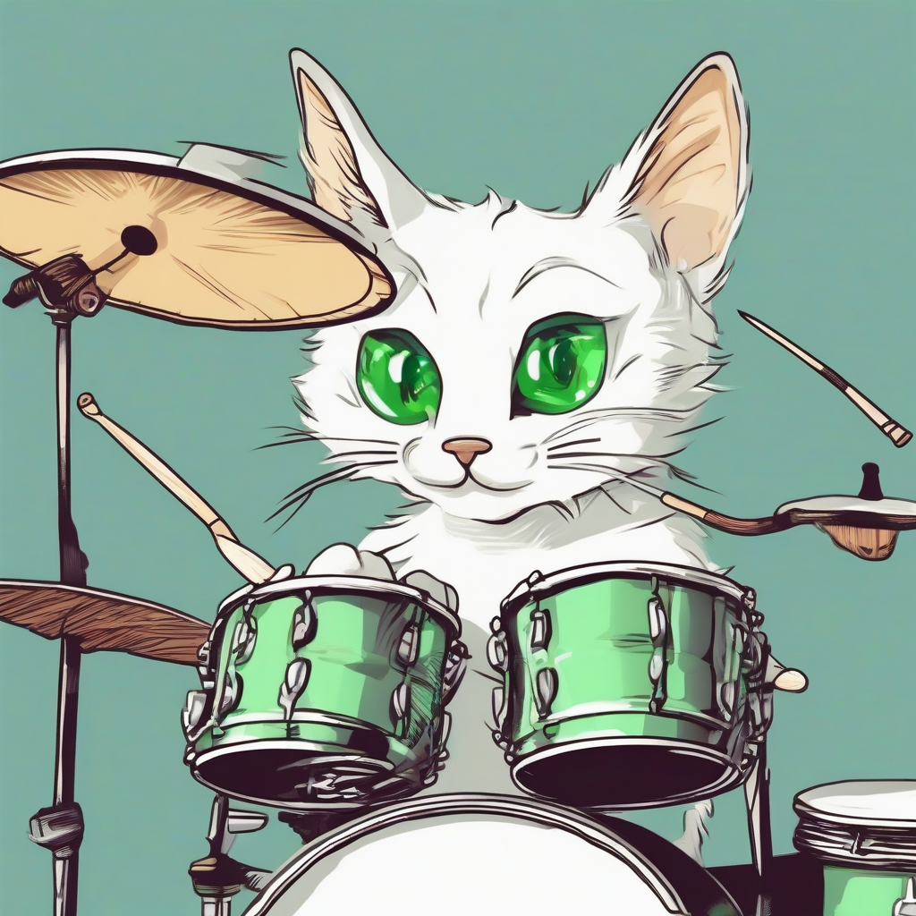 a drawn white cat with green eyes plays drums by मुफ्त एआई छवि जनरेटर - बिना लॉगिन के✨ | AIGAZOU