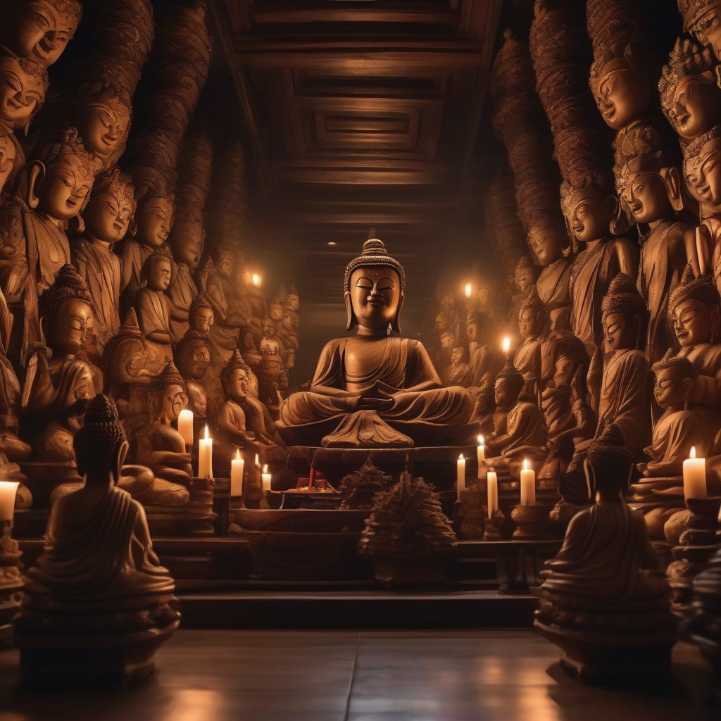 realistic wooden buddha statues in a dim temple by मुफ्त एआई छवि जनरेटर - बिना लॉगिन के✨ | AIGAZOU