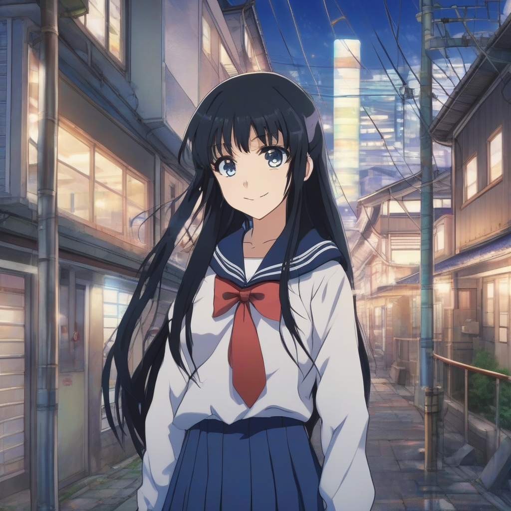 anime girl 14 years old with odd eyes and long black hair in sailor uniform smiling in amami oshima evening by मुफ्त एआई छवि जनरेटर - बिना लॉगिन के✨ | AIGAZOU