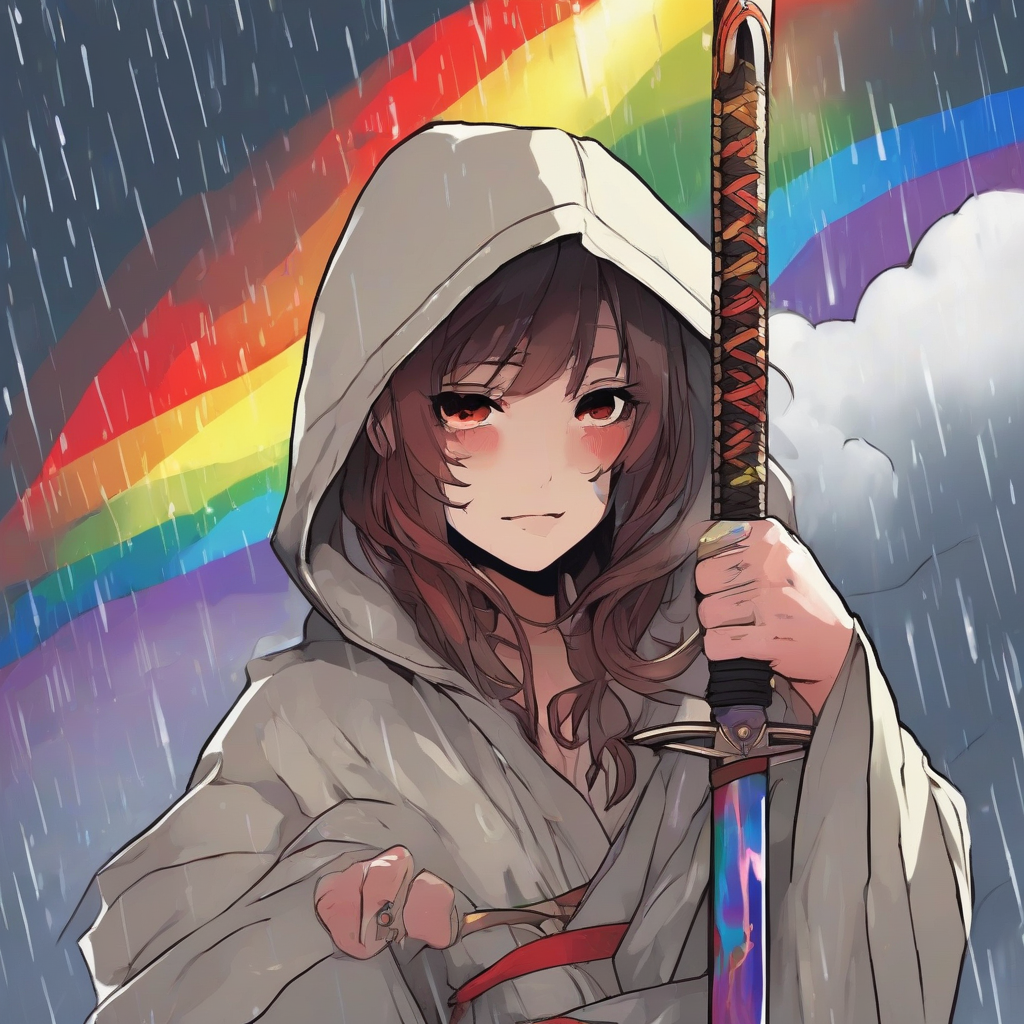 sunny rain rainbow hooded red eyed woman by मुफ्त एआई छवि जनरेटर - बिना लॉगिन के✨ | AIGAZOU