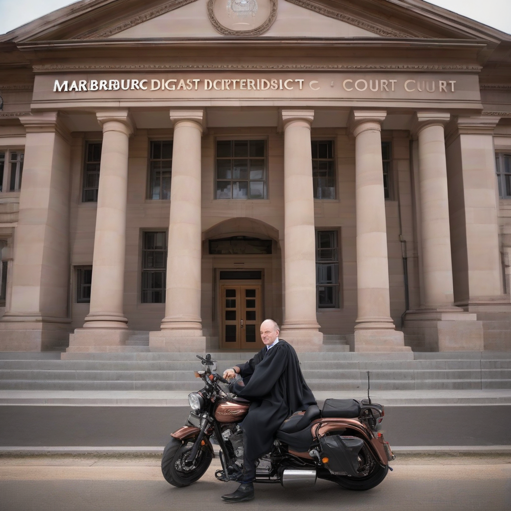 lawyer in robe on motorcycle in front of court by 免费AI图像生成工具 | AIGAZOU