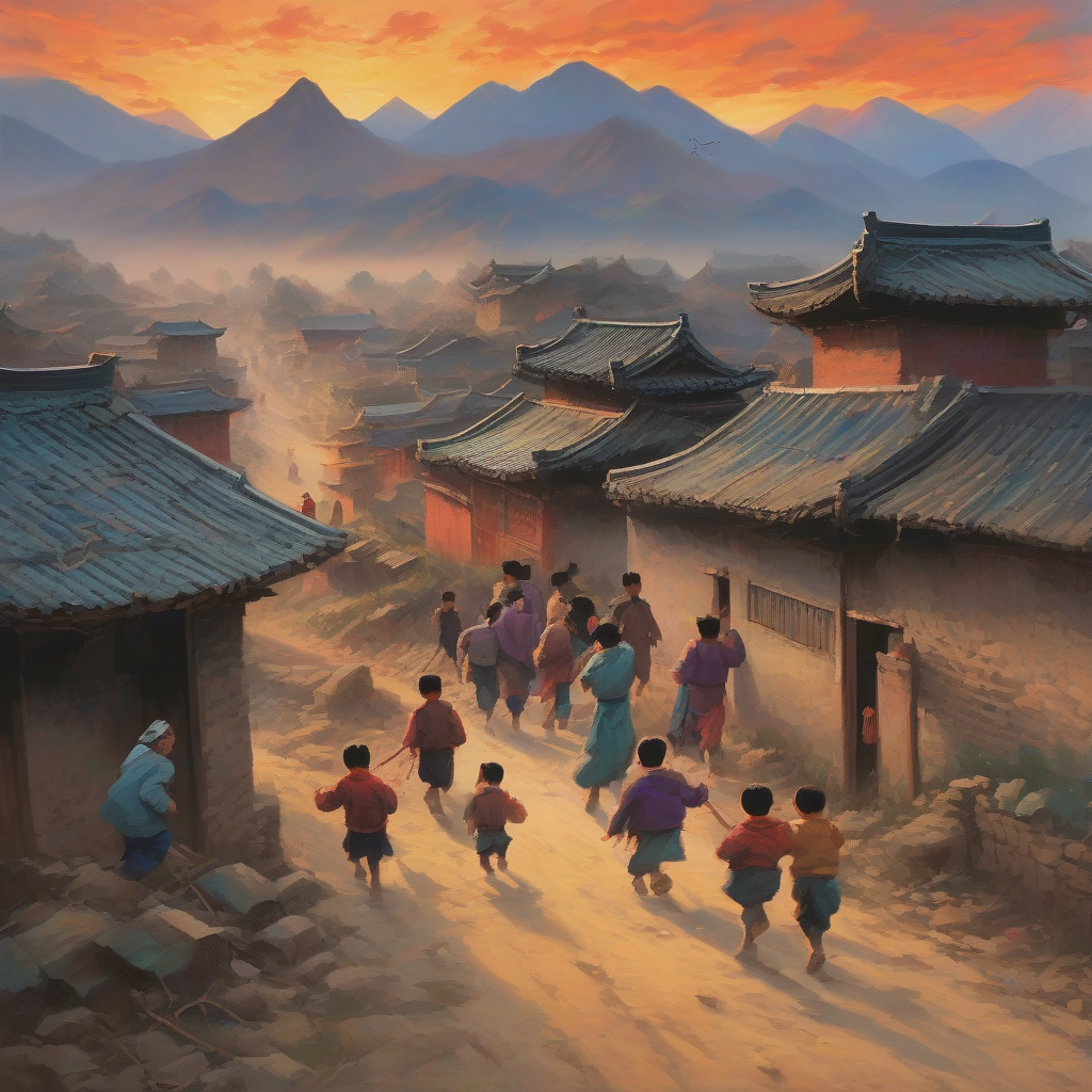 chinese villagers flee backward toward the mountains by Générateur d'images par IA gratuit - Aucune connexion nécessaire✨ | AIGAZOU