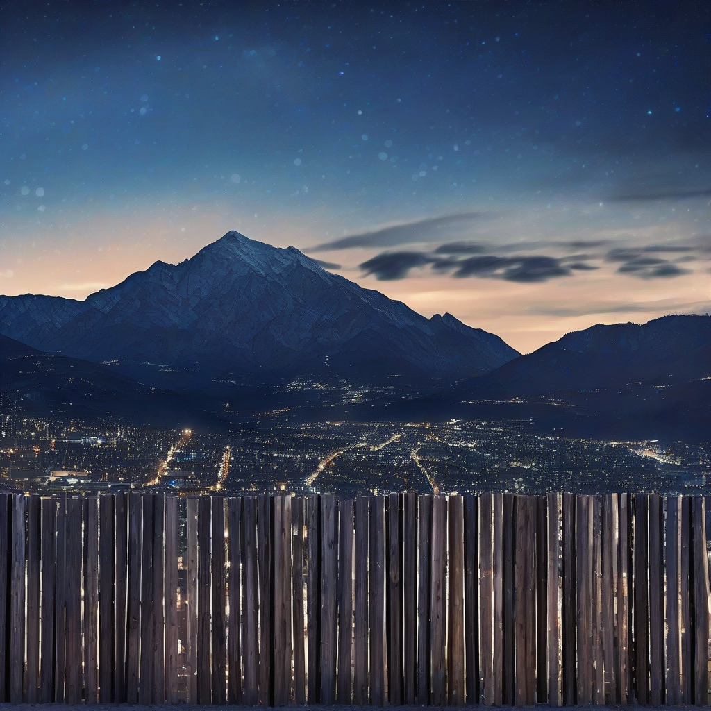 deep blue sky through wooden fence city lights below by मुफ्त एआई छवि जनरेटर - बिना लॉगिन के✨ | AIGAZOU