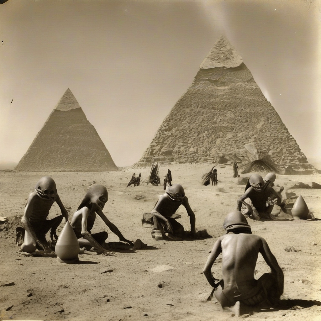 ancient photo of aliens building pyramids by Générateur d'images par IA gratuit - Aucune connexion nécessaire✨ | AIGAZOU