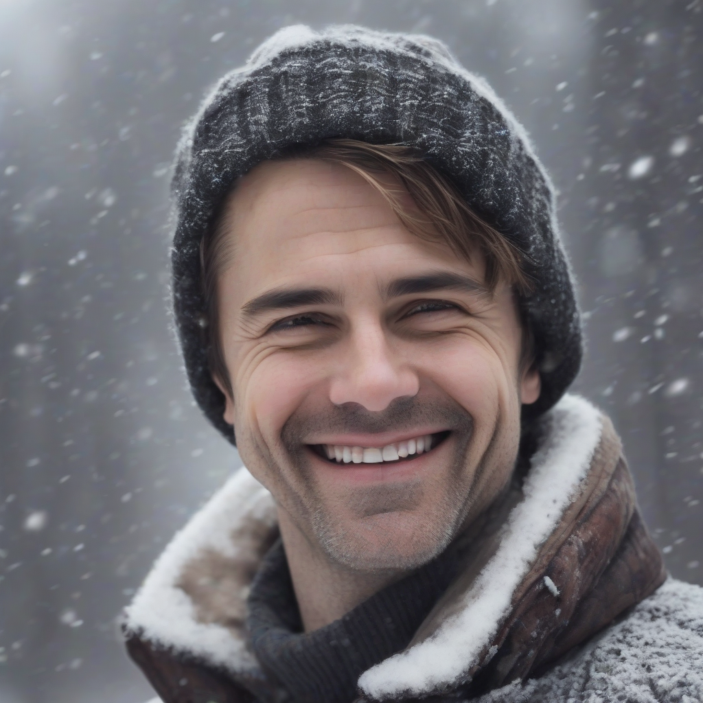 a 40 year old man with short hair smiling in winter reminds of emma watson by मुफ्त एआई छवि जनरेटर - बिना लॉगिन के✨ | AIGAZOU