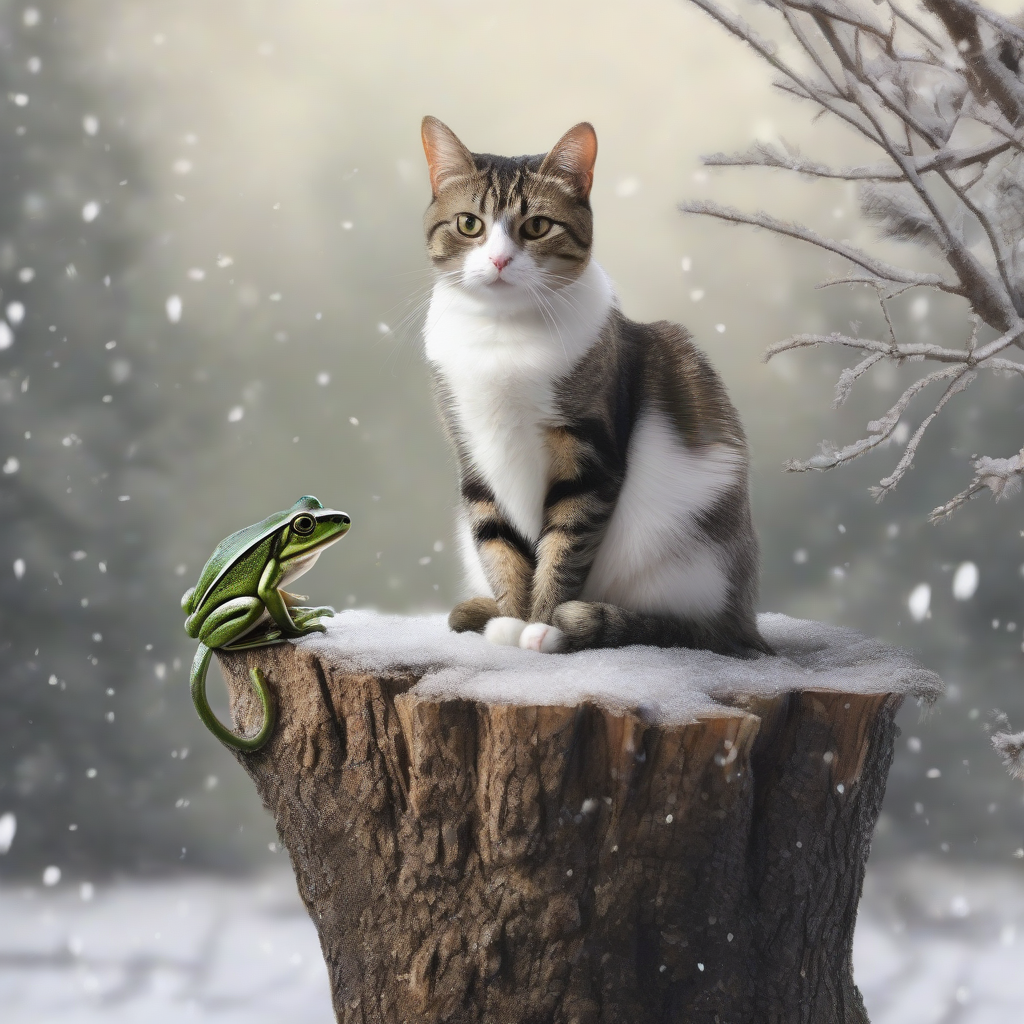 a cat sitting on a log next to a frog in winter by मुफ्त एआई छवि जनरेटर - बिना लॉगिन के✨ | AIGAZOU