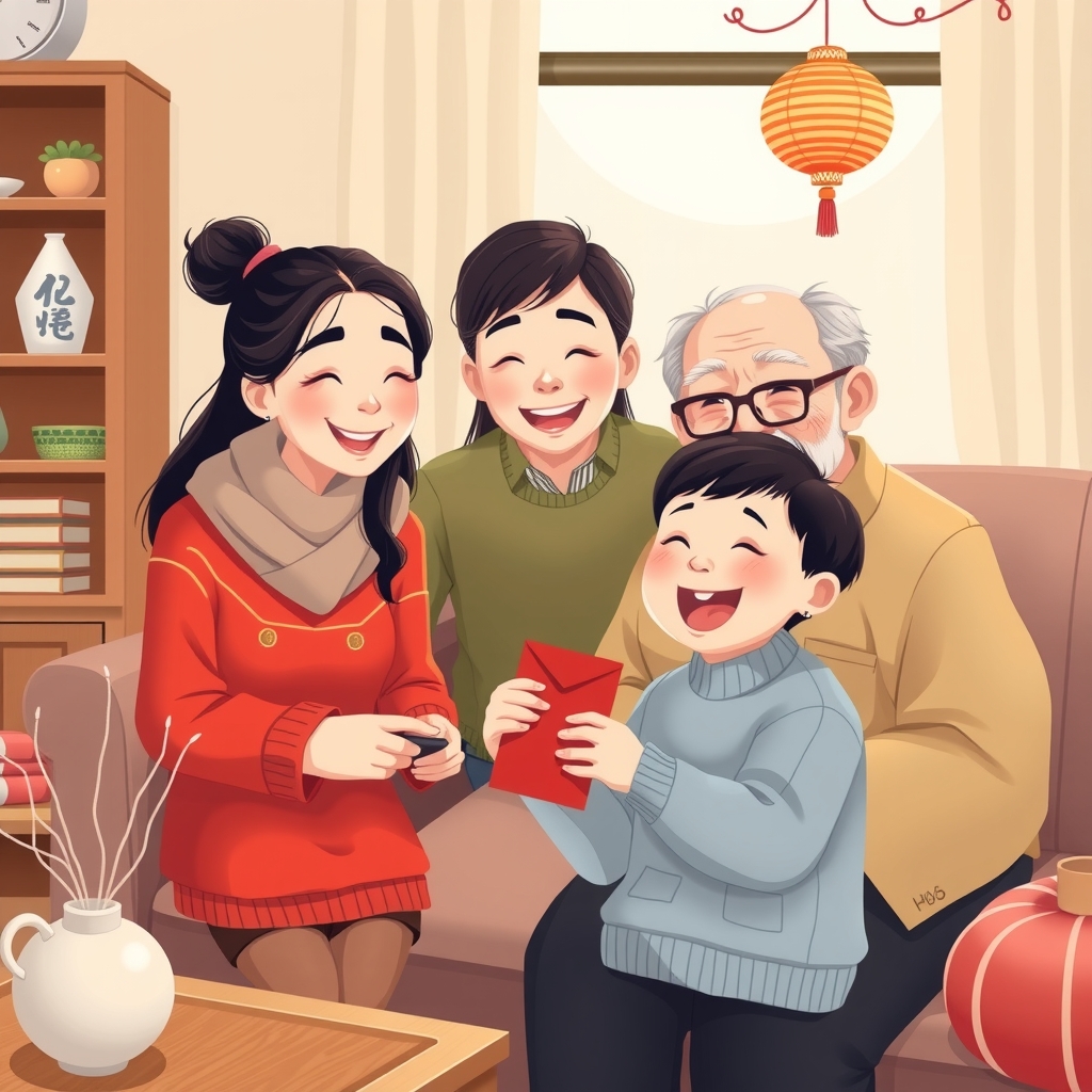 modern parents take child to visit grandparents receive red envelopes child happy by मुफ्त एआई छवि जनरेटर - बिना लॉगिन के✨ | AIGAZOU