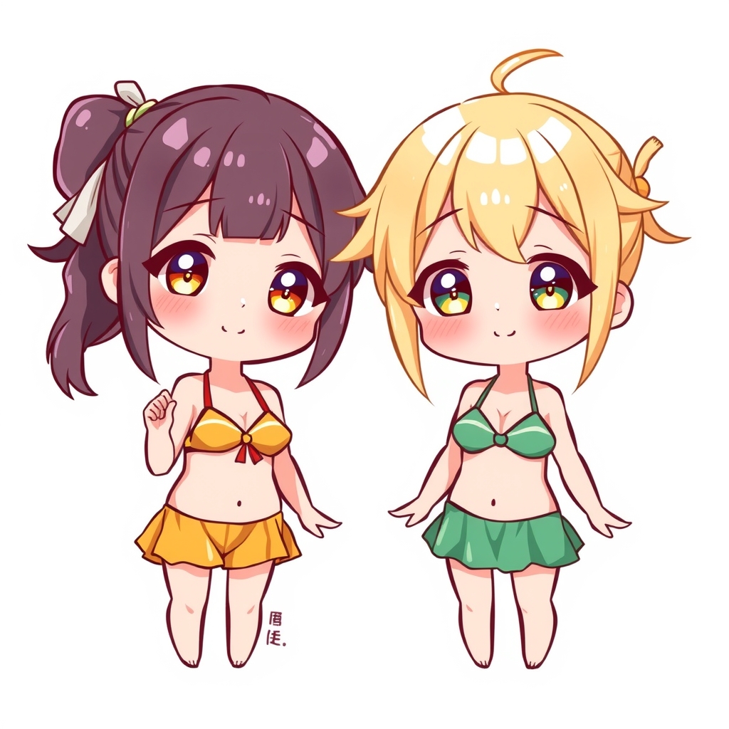 two girls with ponytails in yellow and green bikinis by मुफ्त एआई छवि जनरेटर - बिना लॉगिन के✨ | AIGAZOU