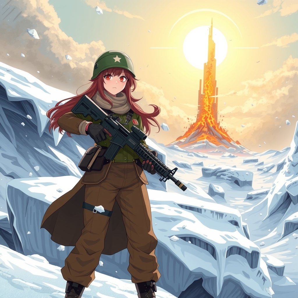 icy world blizzard sun shines distant tower of fire female soldier with gun brown long hair red eyes wearing helmet by मुफ्त एआई छवि जनरेटर - बिना लॉगिन के✨ | AIGAZOU