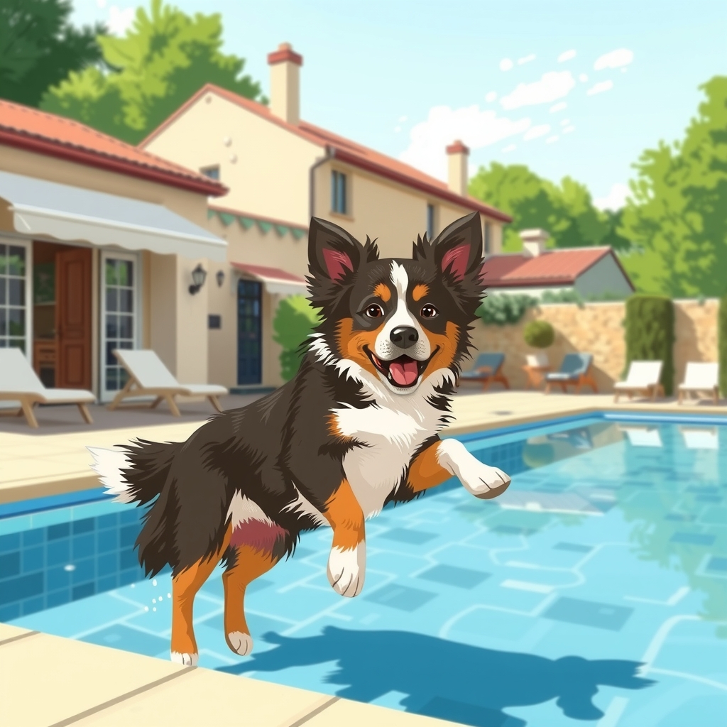 a private pool in southern france with a miniature australian shepherd jumping with a long tail by मुफ्त एआई छवि जनरेटर - बिना लॉगिन के✨ | AIGAZOU