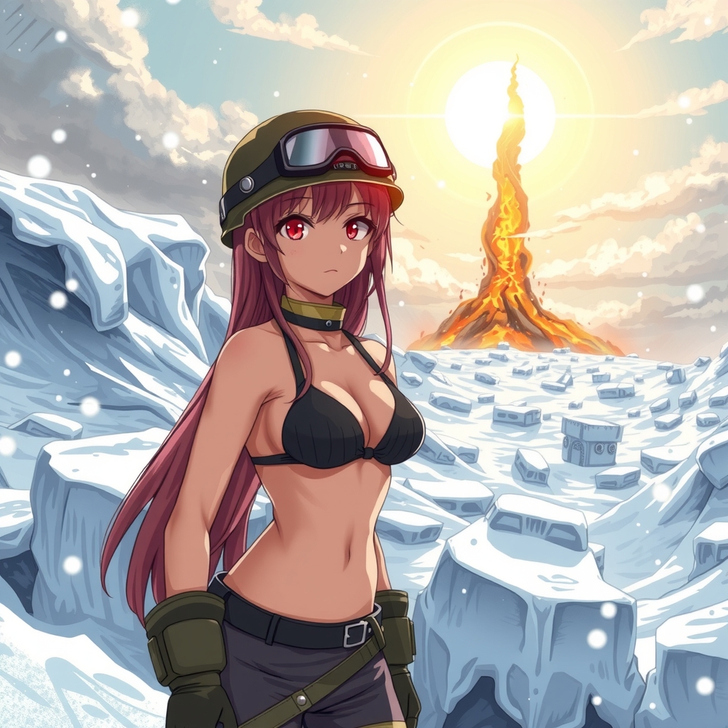 icy world blizzard sun shines distant tower of fire military woman in long pants brown long hair red eyes wearing by मुफ्त एआई छवि जनरेटर - बिना लॉगिन के✨ | AIGAZOU