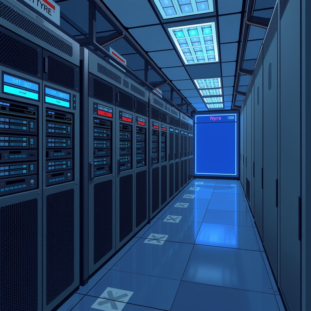 zoom on an aging server room named nyra luminous blue by मुफ्त एआई छवि जनरेटर - बिना लॉगिन के✨ | AIGAZOU