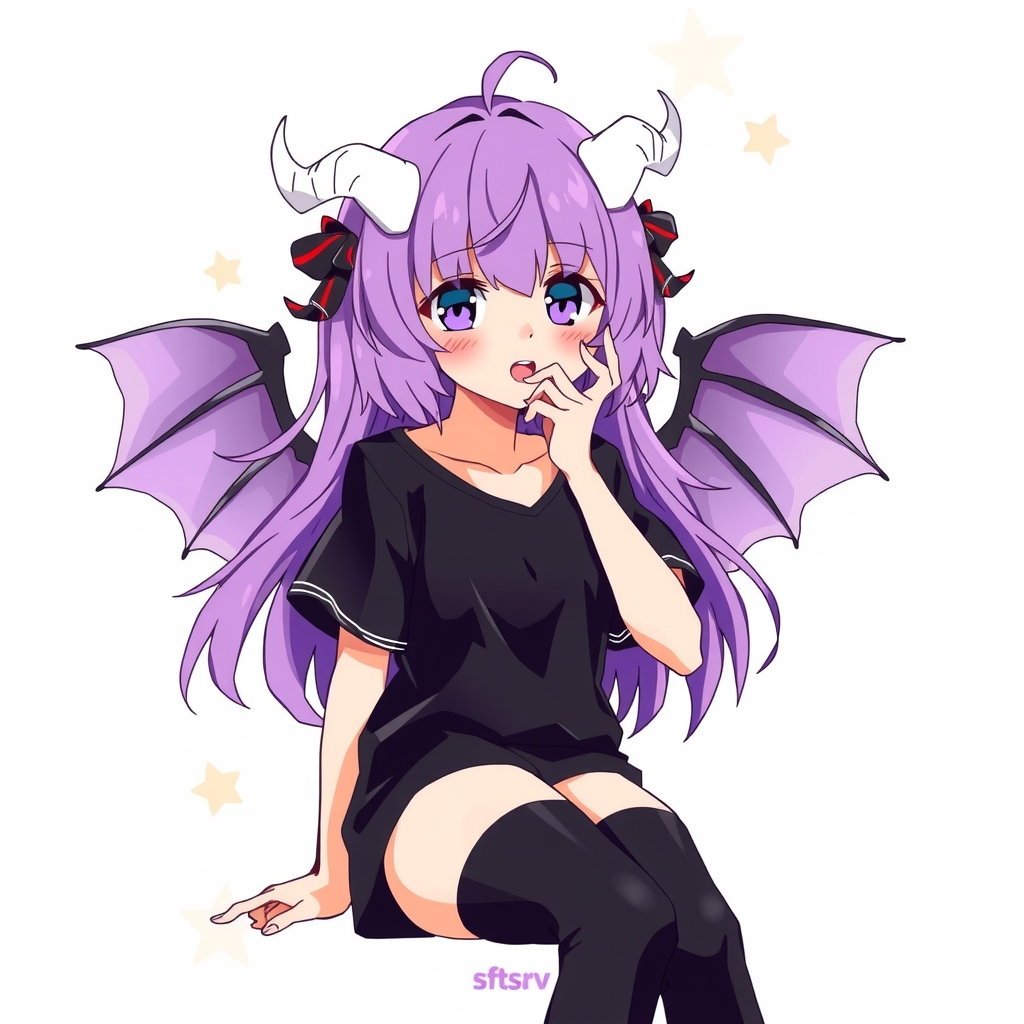 japanese anime style girl purple hair white horns black socks black t shirt bat wings by मुफ्त एआई छवि जनरेटर - बिना लॉगिन के✨ | AIGAZOU