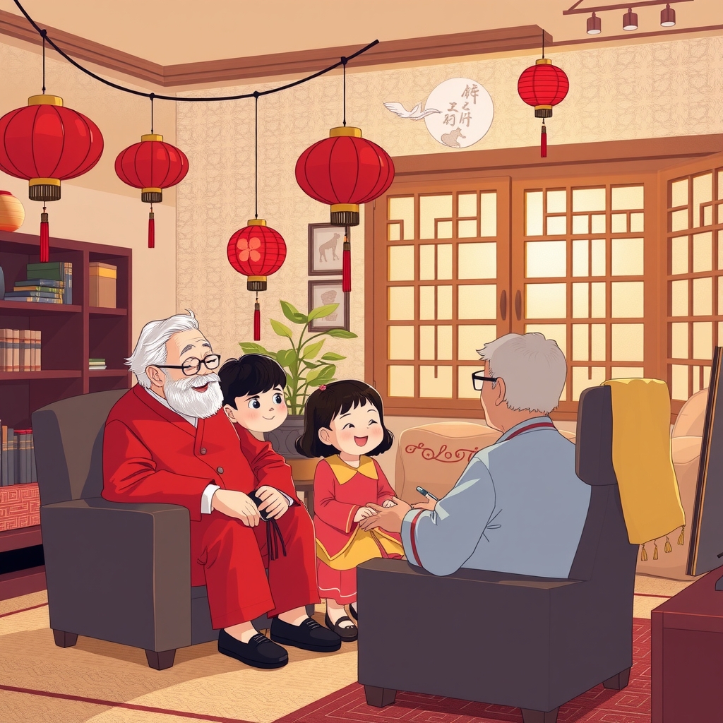 grandpa and family watching tv with red lanterns and paper cuts by मुफ्त एआई छवि जनरेटर - बिना लॉगिन के✨ | AIGAZOU