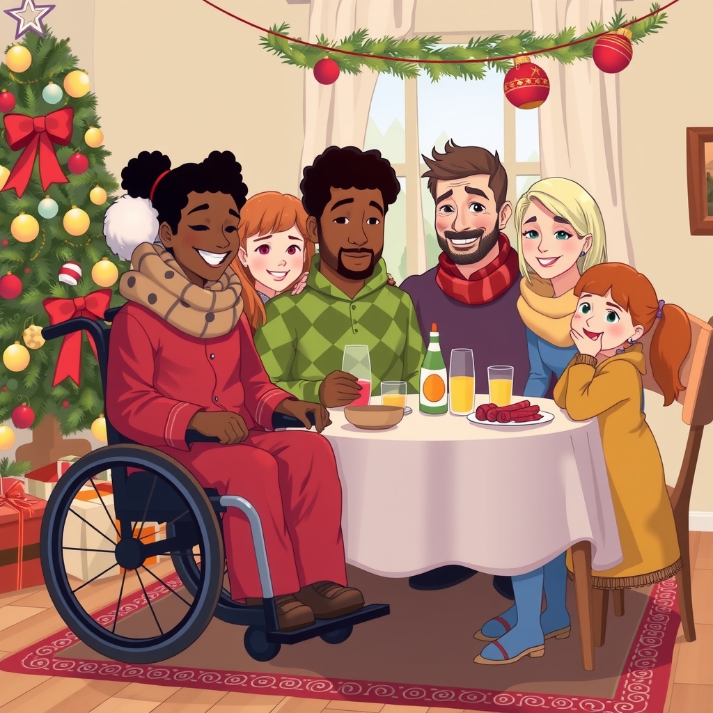 christmas party with wheelchair user black and european families by मुफ्त एआई छवि जनरेटर - बिना लॉगिन के✨ | AIGAZOU