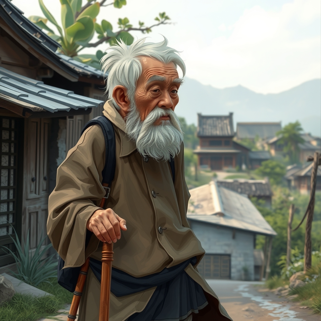 an elderly chinese man with white hair walks to the village by मुफ्त एआई छवि जनरेटर - बिना लॉगिन के✨ | AIGAZOU