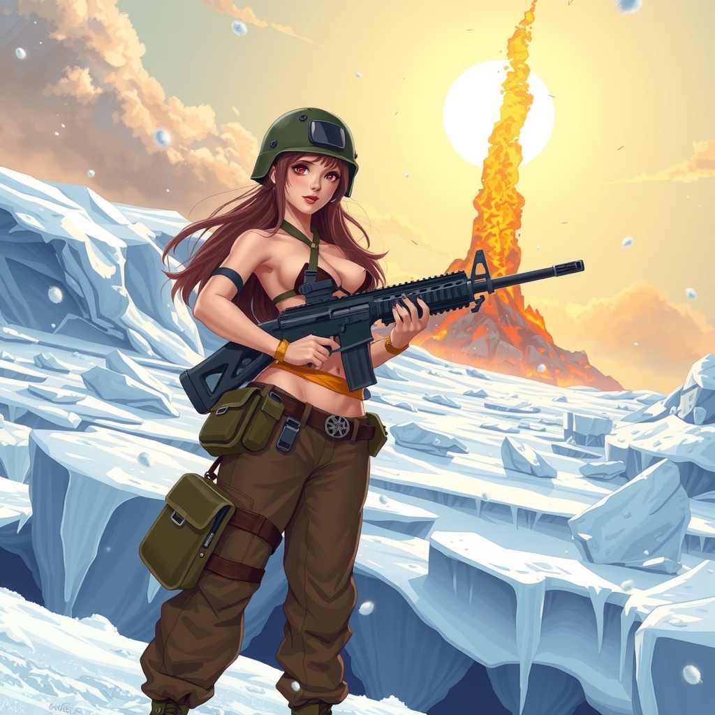 icy world blizzard sun shines distant tower of fire military woman with machine gun brown long hair red eyes wears by मुफ्त एआई छवि जनरेटर - बिना लॉगिन के✨ | AIGAZOU