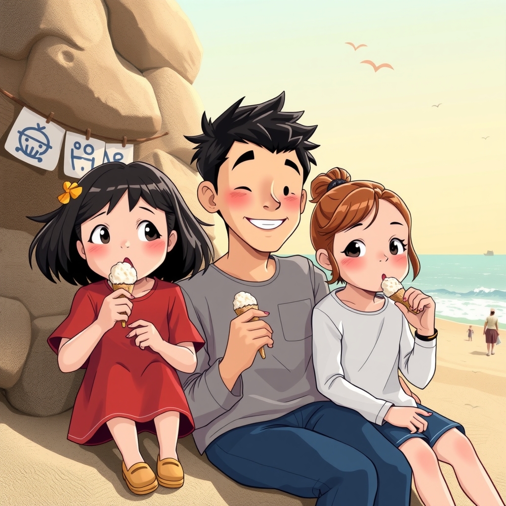 dune du pila family two girls one boy eating ice cream by मुफ्त एआई छवि जनरेटर - बिना लॉगिन के✨ | AIGAZOU