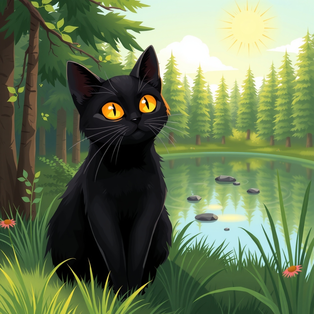 a black cat with yellow eyes sits by a lake by Générateur d'images par IA gratuit - Aucune connexion nécessaire✨ | AIGAZOU