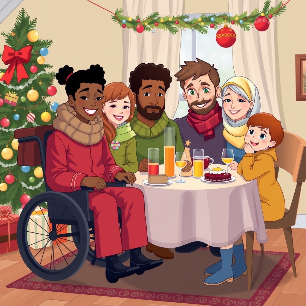 christmas party with wheelchair user black and european families by मुफ्त एआई छवि जनरेटर - बिना लॉगिन के✨ | AIGAZOU