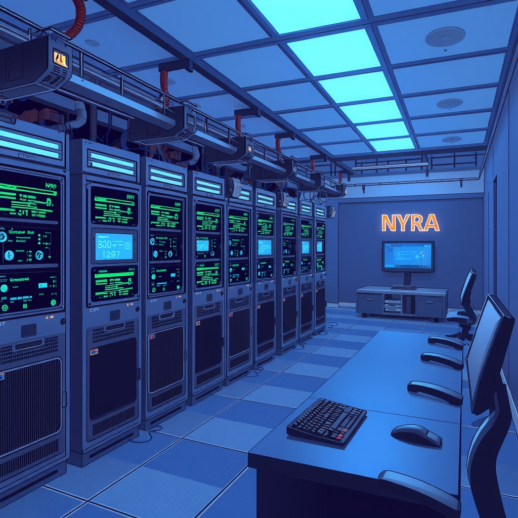 experimental program allows nyra ai to communicate with old servers in blue lit room by मुफ्त एआई छवि जनरेटर - बिना लॉगिन के✨ | AIGAZOU