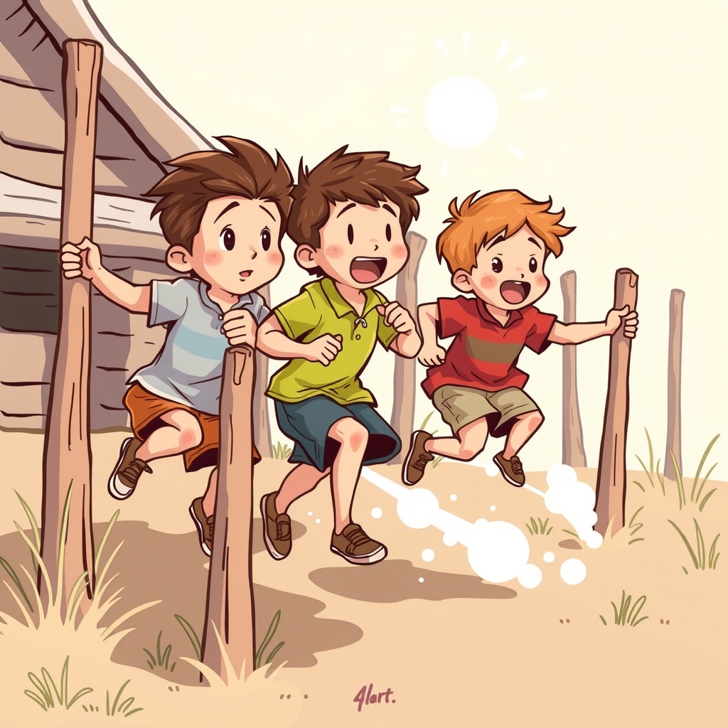 a row of little boys running around a wooden pole by मुफ्त एआई छवि जनरेटर - बिना लॉगिन के✨ | AIGAZOU