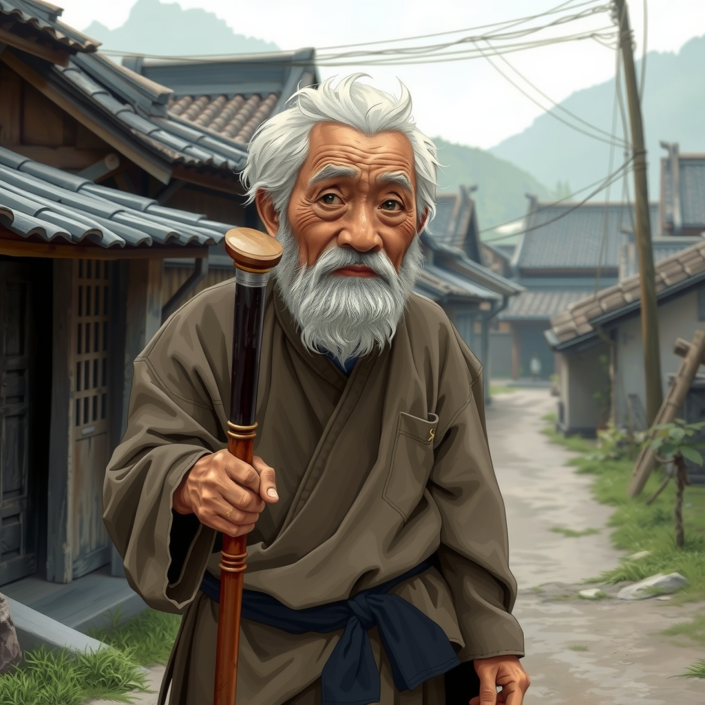 an old chinese man with white hair walks into the village by मुफ्त एआई छवि जनरेटर - बिना लॉगिन के✨ | AIGAZOU