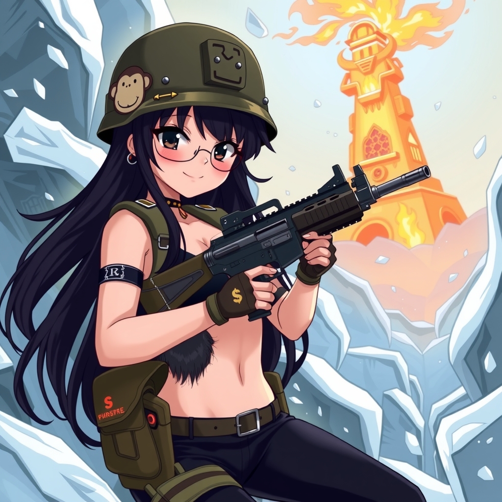 cute woman in military uniform with black hair and eyes holding a gun wearing a helmet with a monkey patch by मुफ्त एआई छवि जनरेटर - बिना लॉगिन के✨ | AIGAZOU