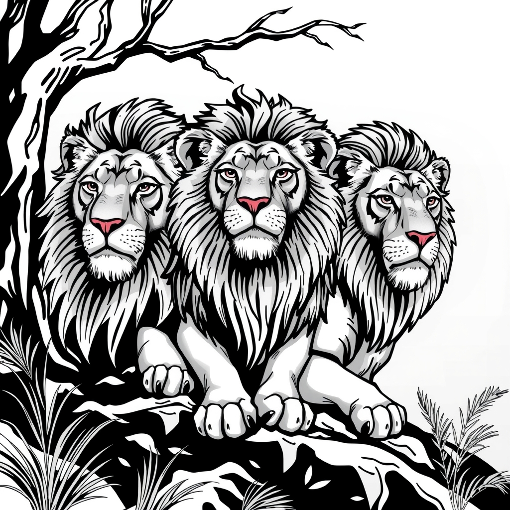 black and white 3 lions to color by Free AI Image Generator & Maker - No login required✨ | AIGAZOU