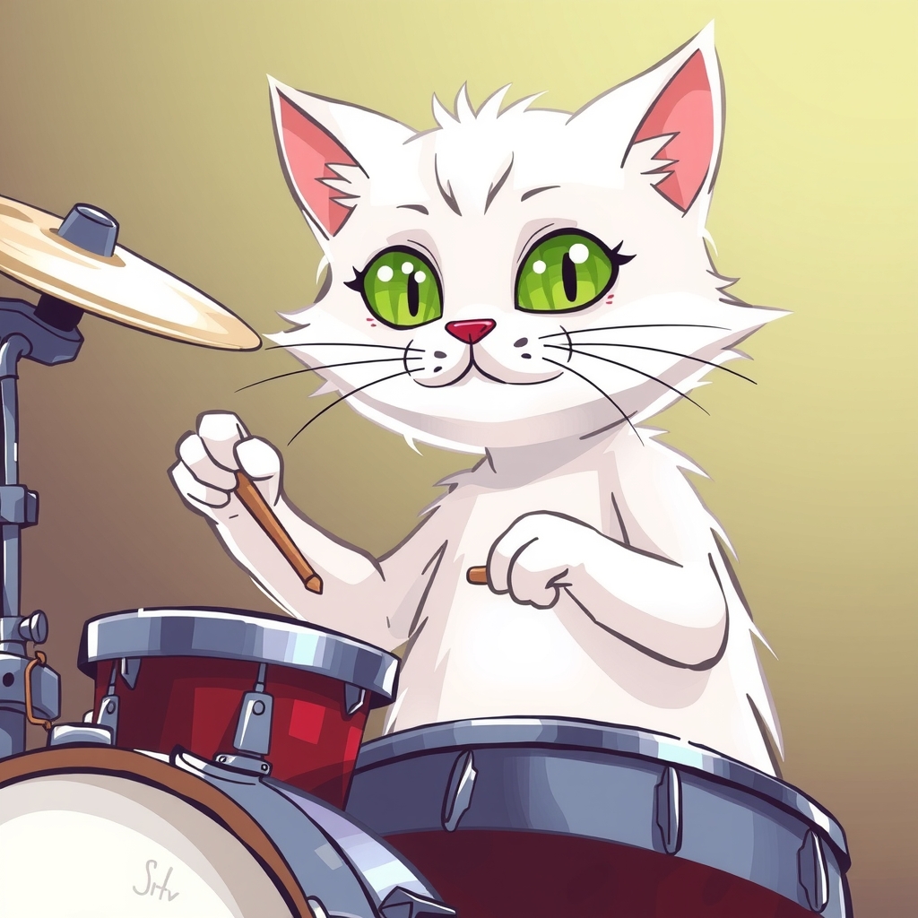 a drawn white cat with green eyes plays drums by मुफ्त एआई छवि जनरेटर - बिना लॉगिन के✨ | AIGAZOU