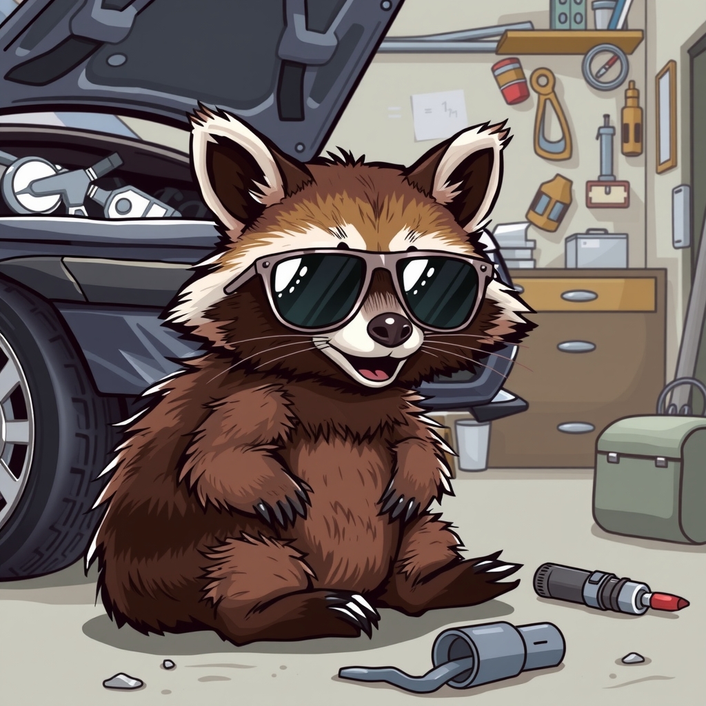 raccoon with sunglasses repairing car by मुफ्त एआई छवि जनरेटर - बिना लॉगिन के✨ | AIGAZOU