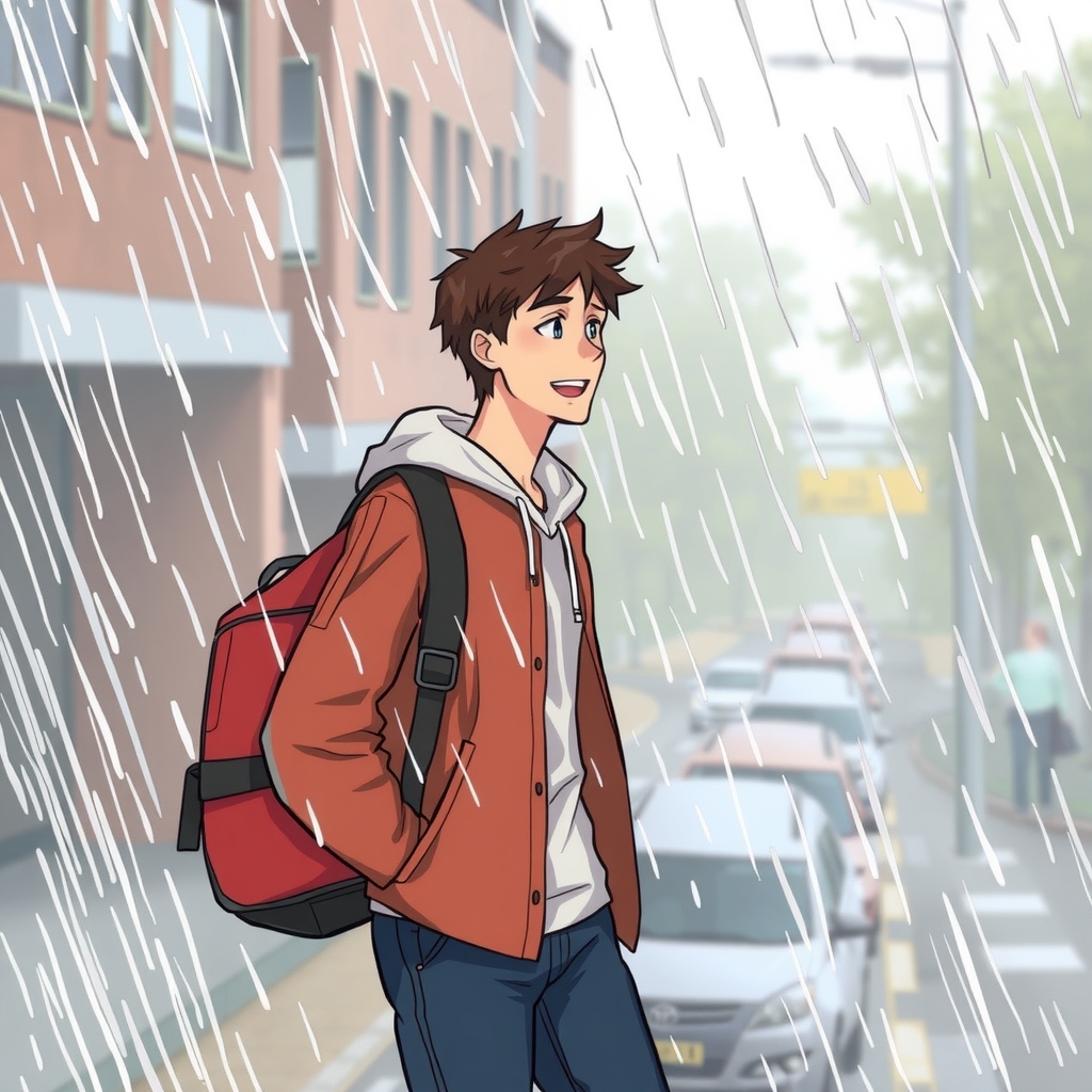 a male student in the rain sideways by मुफ्त एआई छवि जनरेटर - बिना लॉगिन के✨ | AIGAZOU