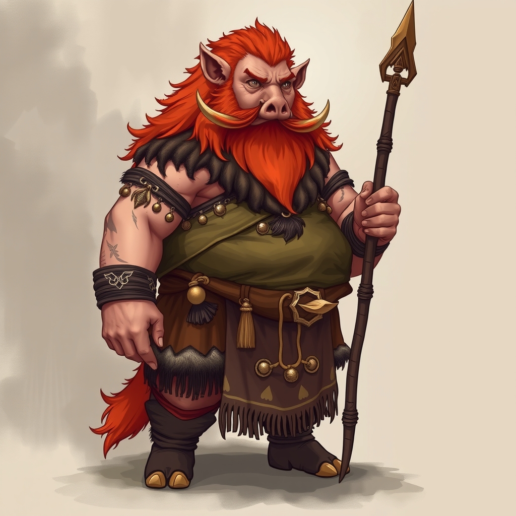 a portly red haired boar orc shaman in traditional garb by मुफ्त एआई छवि जनरेटर - बिना लॉगिन के✨ | AIGAZOU