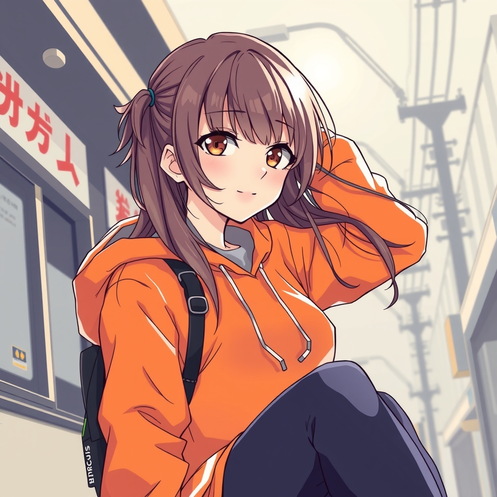 japanese anime style girl sexy orange hoodie by मुफ्त एआई छवि जनरेटर - बिना लॉगिन के✨ | AIGAZOU