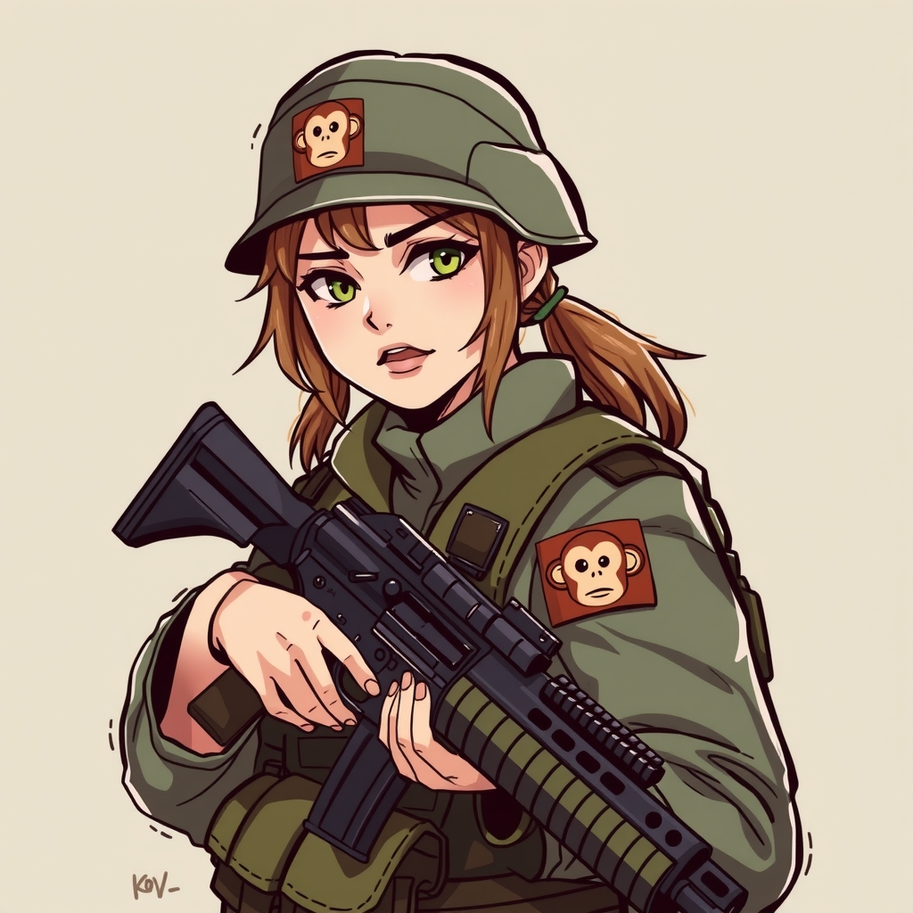 female soldier with gun and monkey patch by मुफ्त एआई छवि जनरेटर - बिना लॉगिन के✨ | AIGAZOU