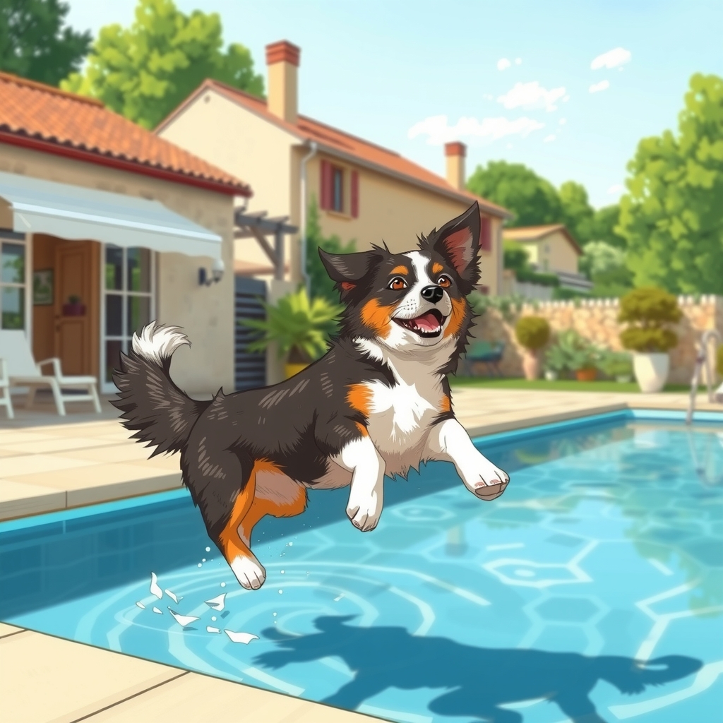 a private pool in southern france with a miniature australian shepherd dog jumping with a long tail by मुफ्त एआई छवि जनरेटर - बिना लॉगिन के✨ | AIGAZOU