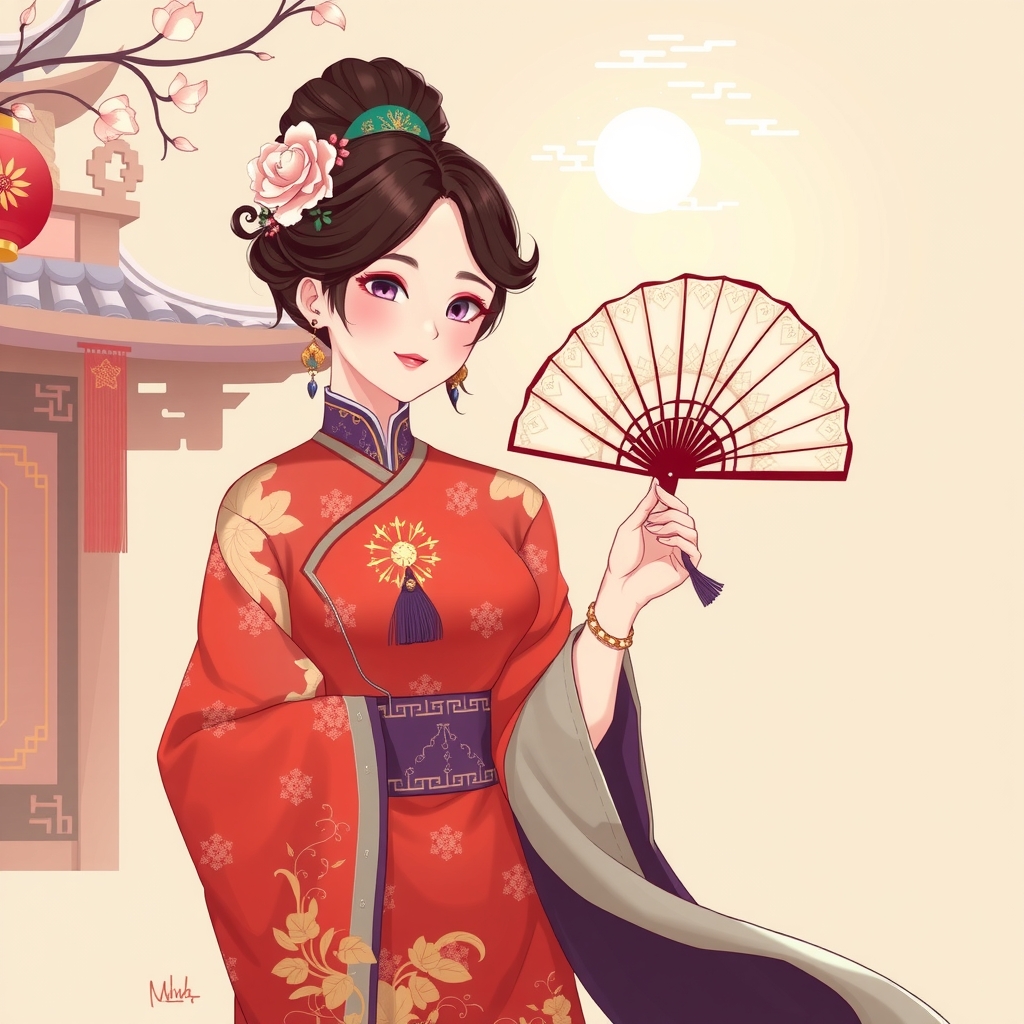 a woman in chinese dress with a fan by मुफ्त एआई छवि जनरेटर - बिना लॉगिन के✨ | AIGAZOU