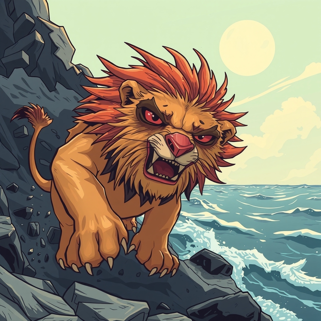 a lion like monster flees toward the sea by मुफ्त एआई छवि जनरेटर - बिना लॉगिन के✨ | AIGAZOU