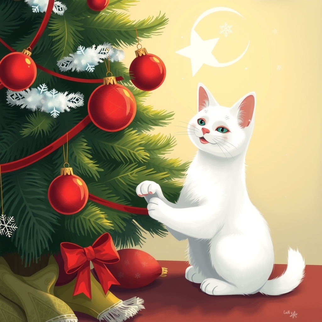 a white cat playing with a red christmas ball by मुफ्त एआई छवि जनरेटर - बिना लॉगिन के✨ | AIGAZOU