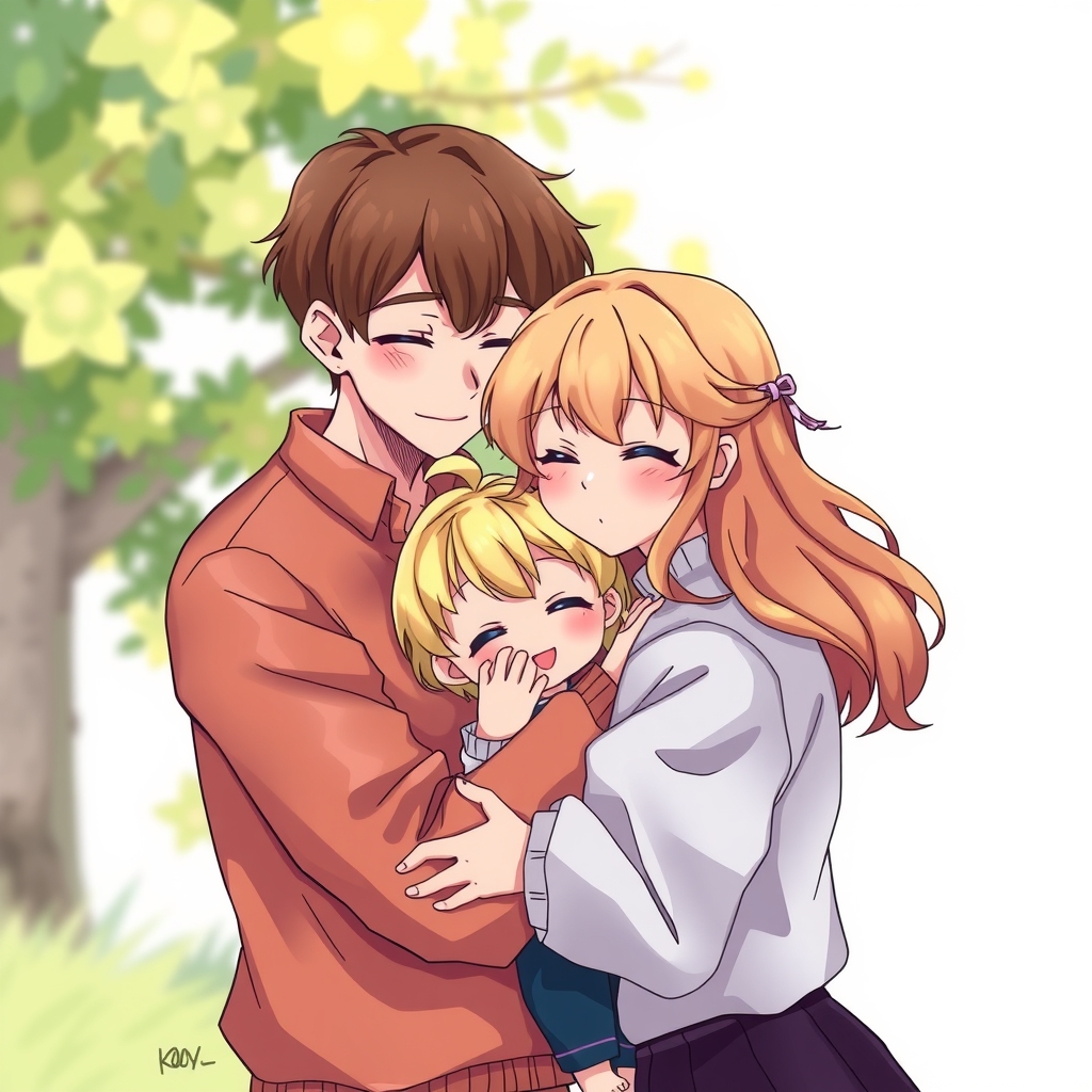 a couple with brown hair and a blonde girl hugging in anime style by मुफ्त एआई छवि जनरेटर - बिना लॉगिन के✨ | AIGAZOU