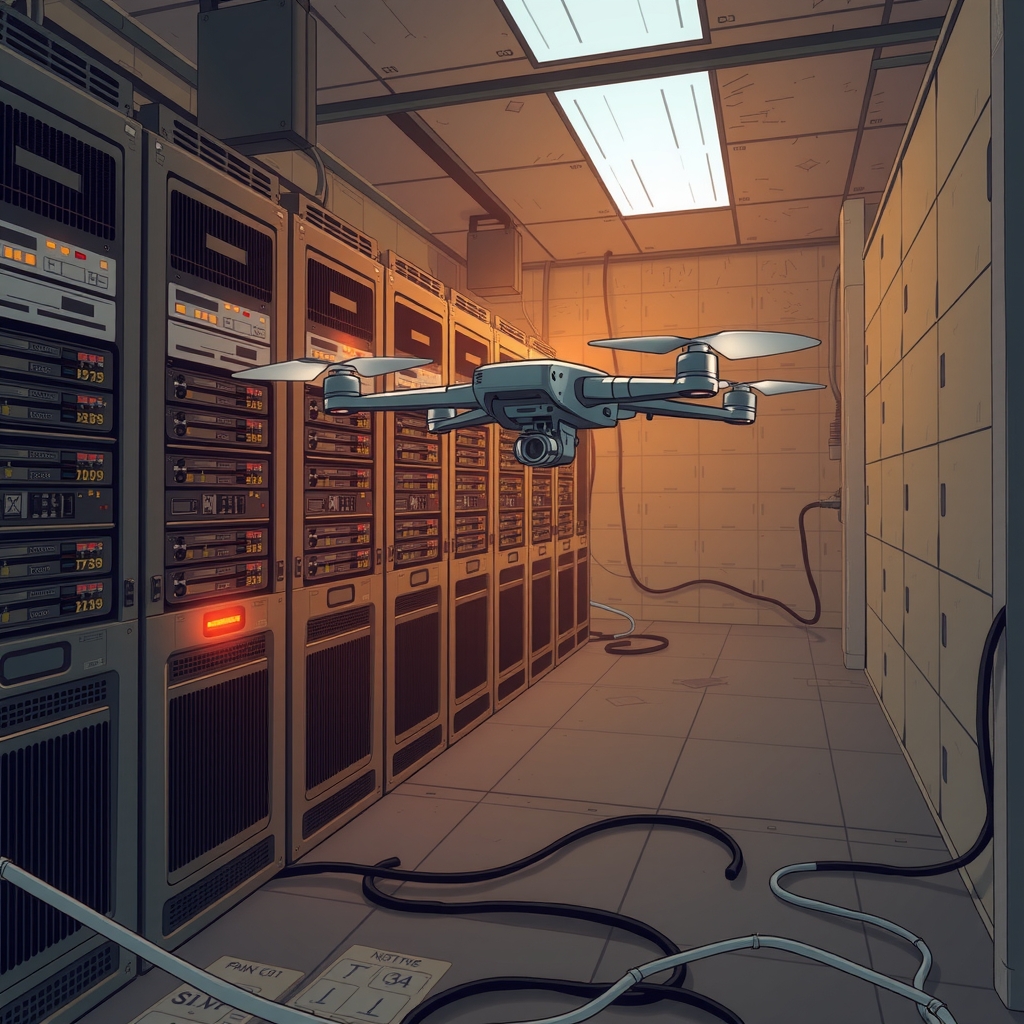 zoom on a bright old server room or a drone unplugs an old server by Générateur d'images par IA gratuit - Aucune connexion nécessaire✨ | AIGAZOU